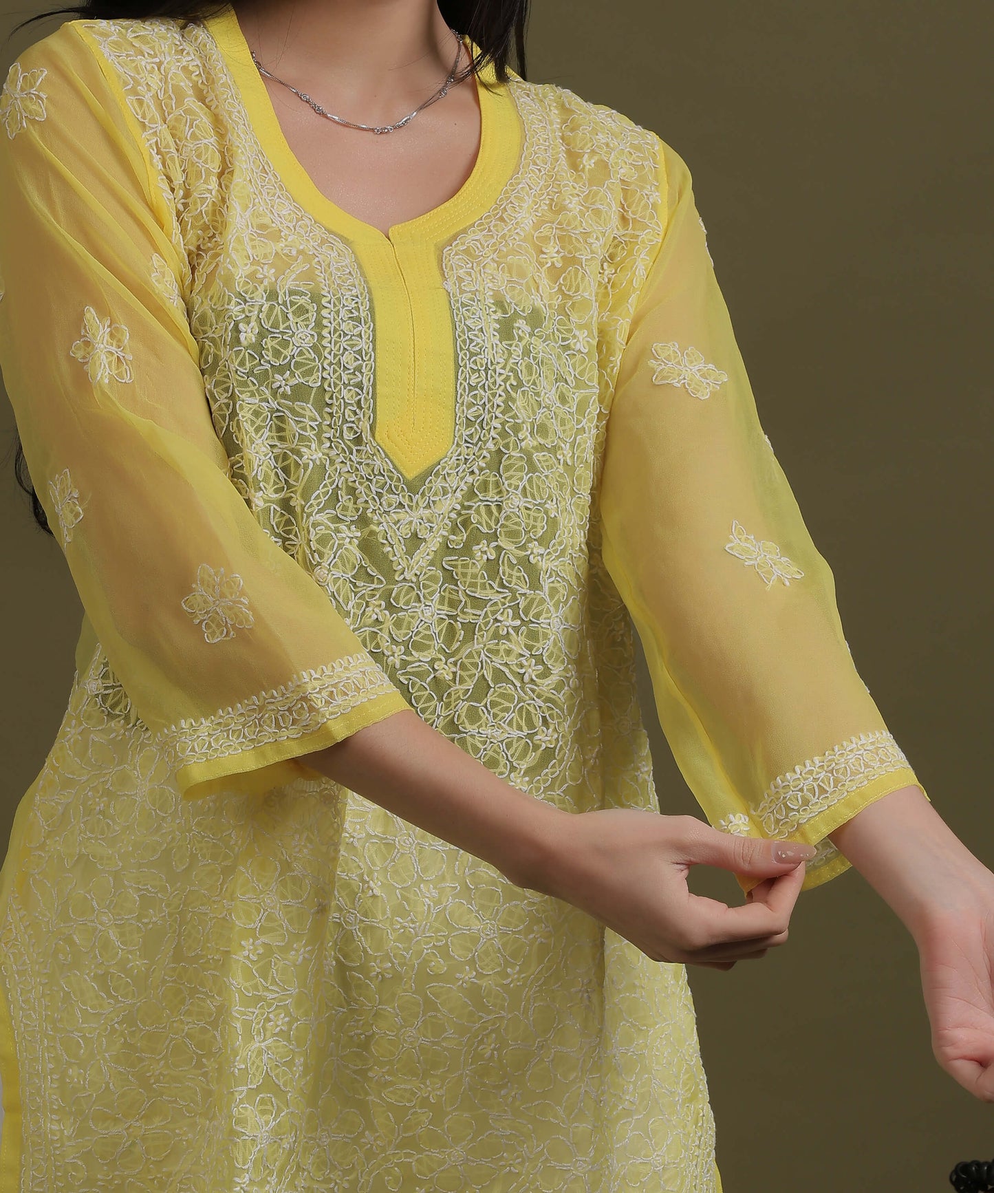 NEA Chikankari Yellow Georgette Short Kurti With White Embroidery