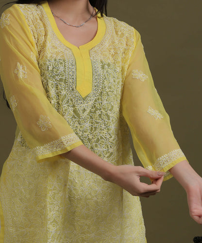 NEA Chikankari Yellow Georgette Short Kurti With White Embroidery