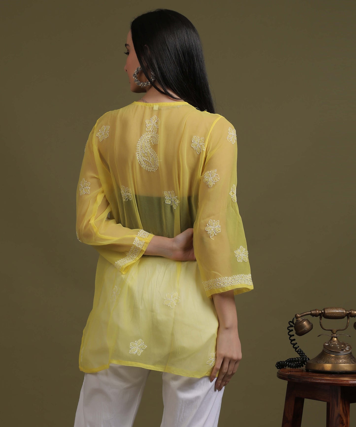 NEA Chikankari Yellow Georgette Short Kurti With White Embroidery