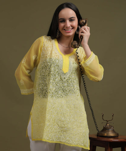 NEA Chikankari Yellow Georgette Short Kurti With White Embroidery