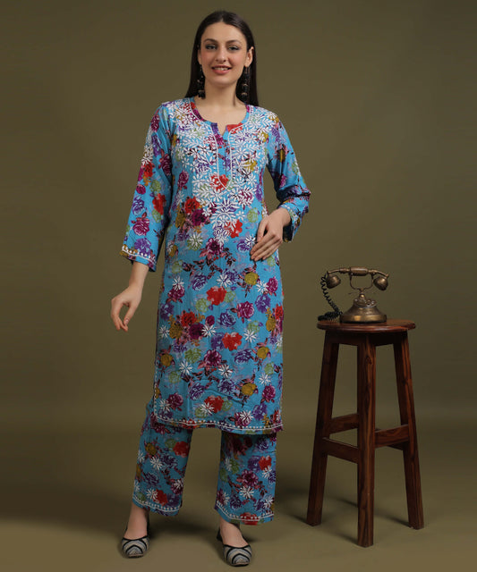 NEA Chikankari Rayon Printed Blue Kurta Palazzo Set With White Embroidery