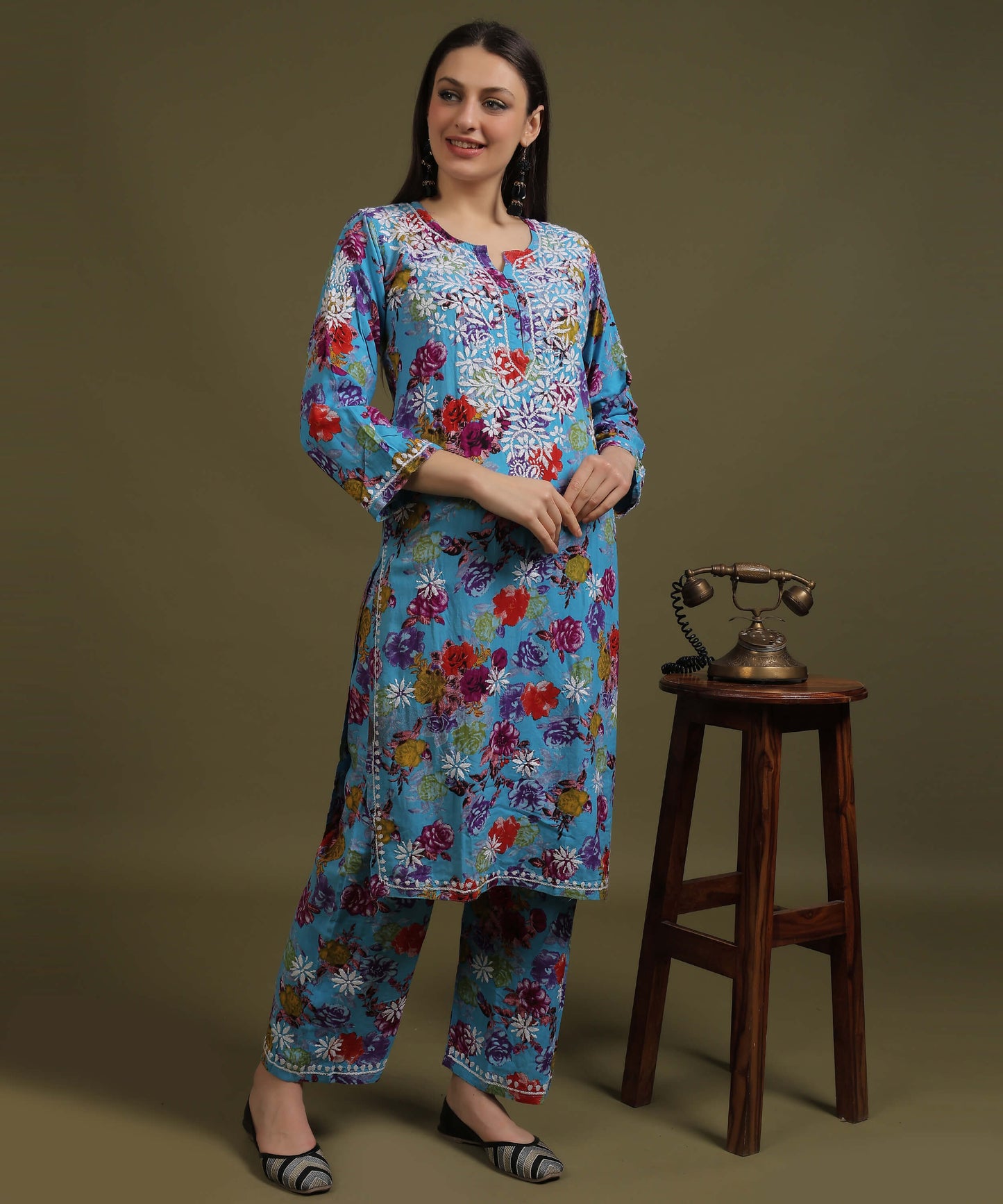 NEA Chikankari Rayon Printed Blue Kurta Palazzo Set With White Embroidery