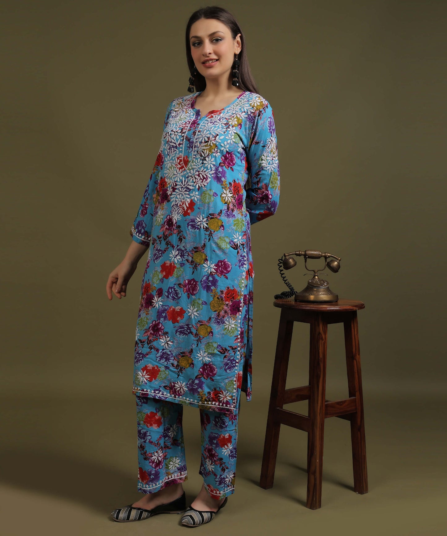 NEA Chikankari Rayon Printed Blue Kurta Palazzo Set With White Embroidery