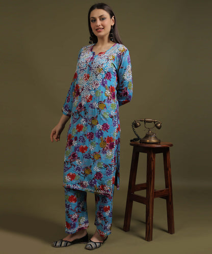 NEA Chikankari Rayon Printed Blue Kurta Palazzo Set With White Embroidery