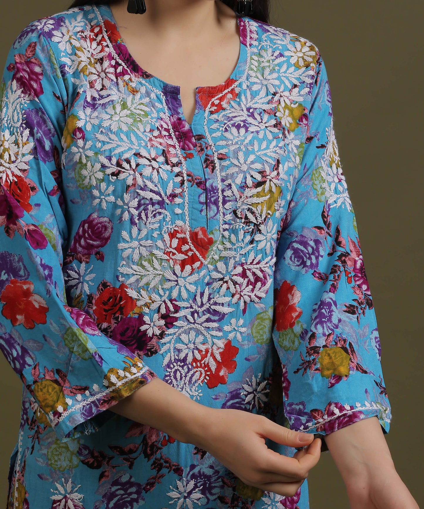 NEA Chikankari Rayon Printed Blue Kurta Palazzo Set With White Embroidery