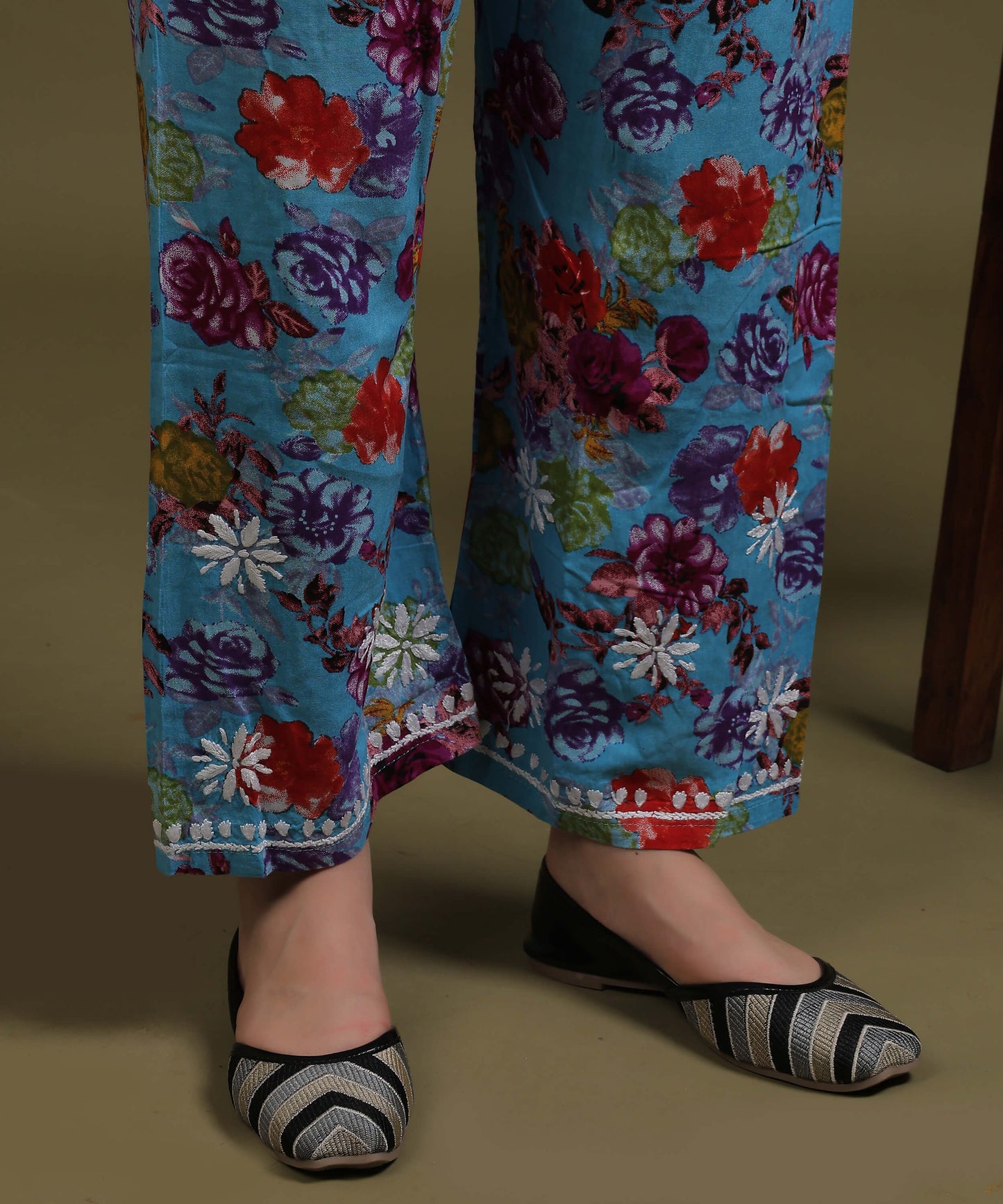 NEA Chikankari Rayon Printed Blue Kurta Palazzo Set With White Embroidery