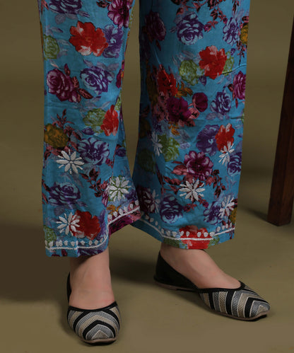 NEA Chikankari Rayon Printed Blue Kurta Palazzo Set With White Embroidery