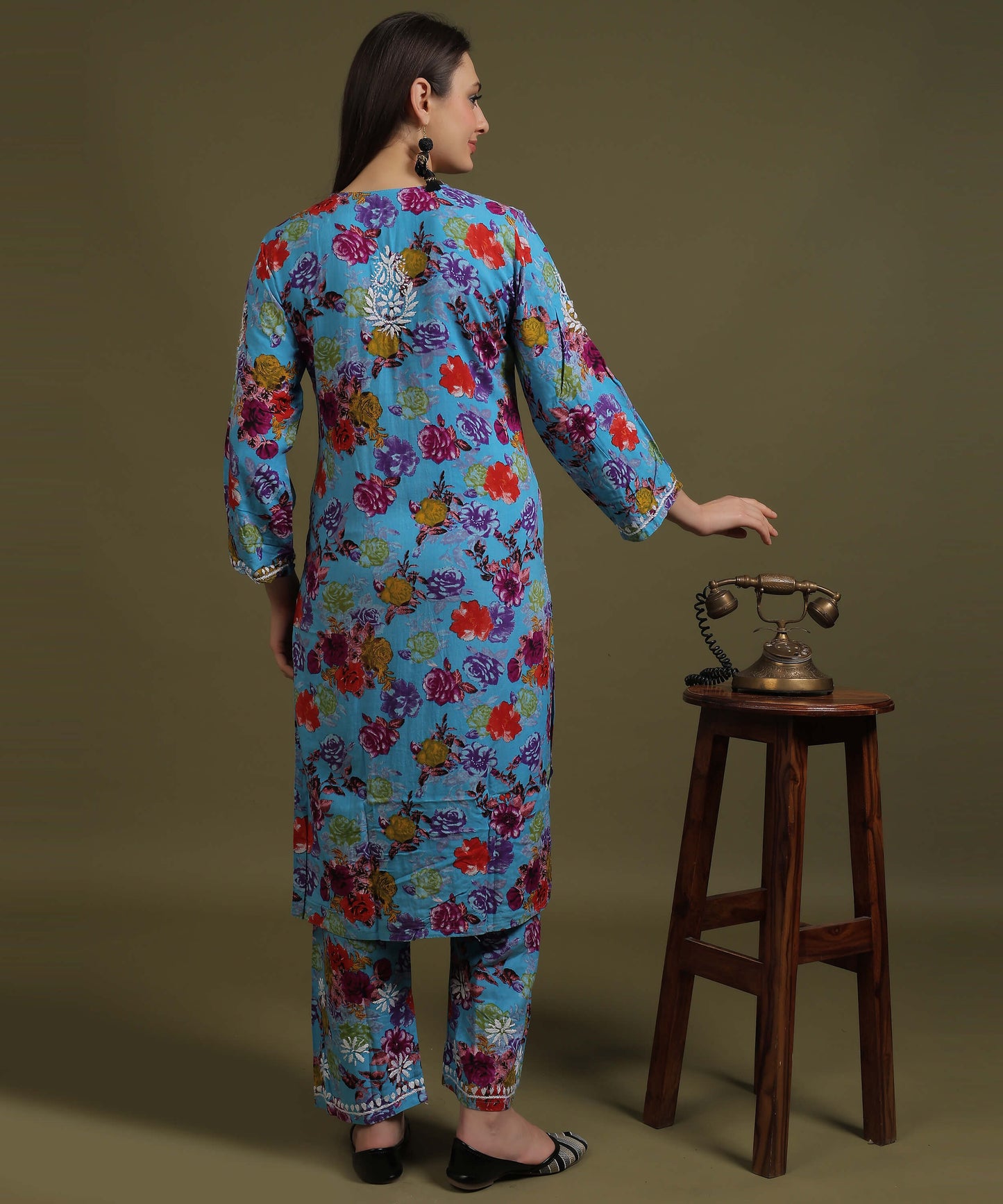 NEA Chikankari Rayon Printed Blue Kurta Palazzo Set With White Embroidery