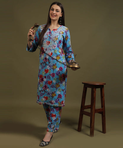 NEA Chikankari Rayon Printed Blue Kurta Palazzo Set With White Embroidery