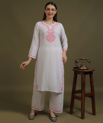 NEA Chikankari White Neckwork Rayon Palazzo Set With Pink Embroidery