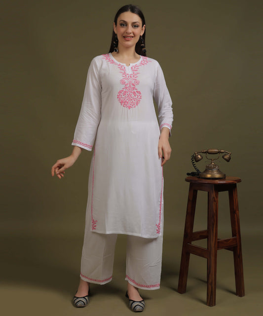 NEA Chikankari White Neckwork Rayon Palazzo Set With Pink Embroidery