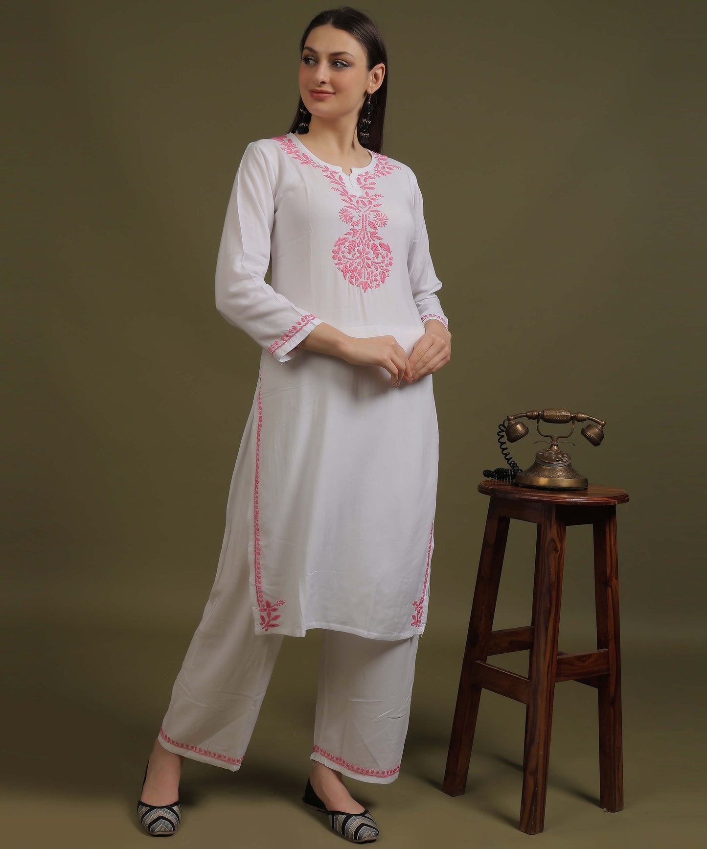 NEA Chikankari White Neckwork Rayon Palazzo Set With Pink Embroidery