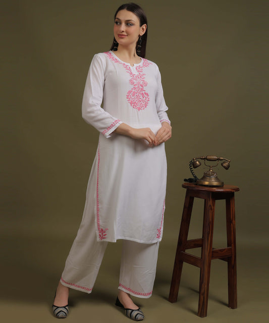 NEA Chikankari White Neckwork Rayon Palazzo Set With Pink Embroidery