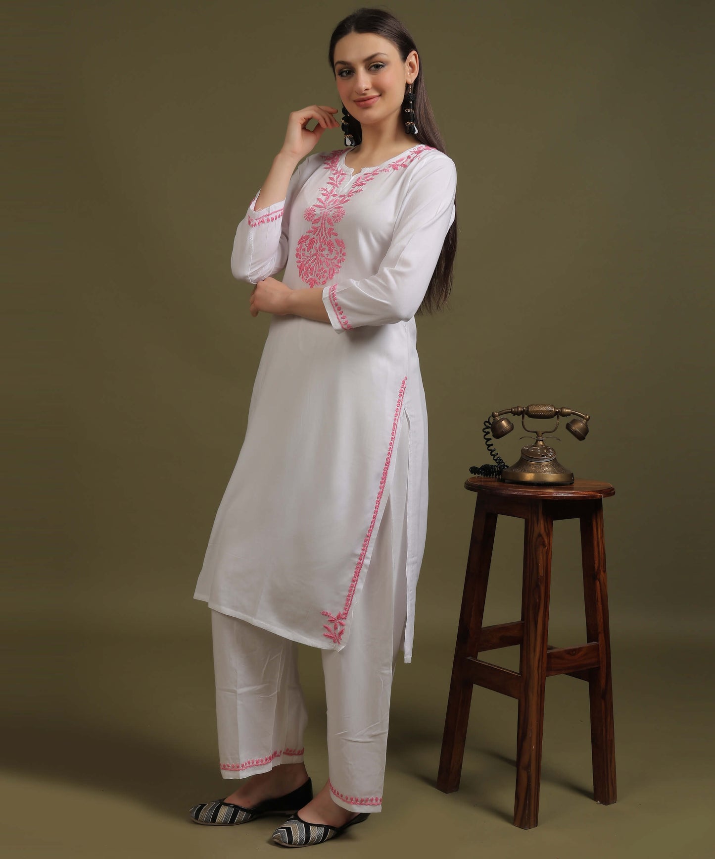 NEA Chikankari White Neckwork Rayon Palazzo Set With Pink Embroidery