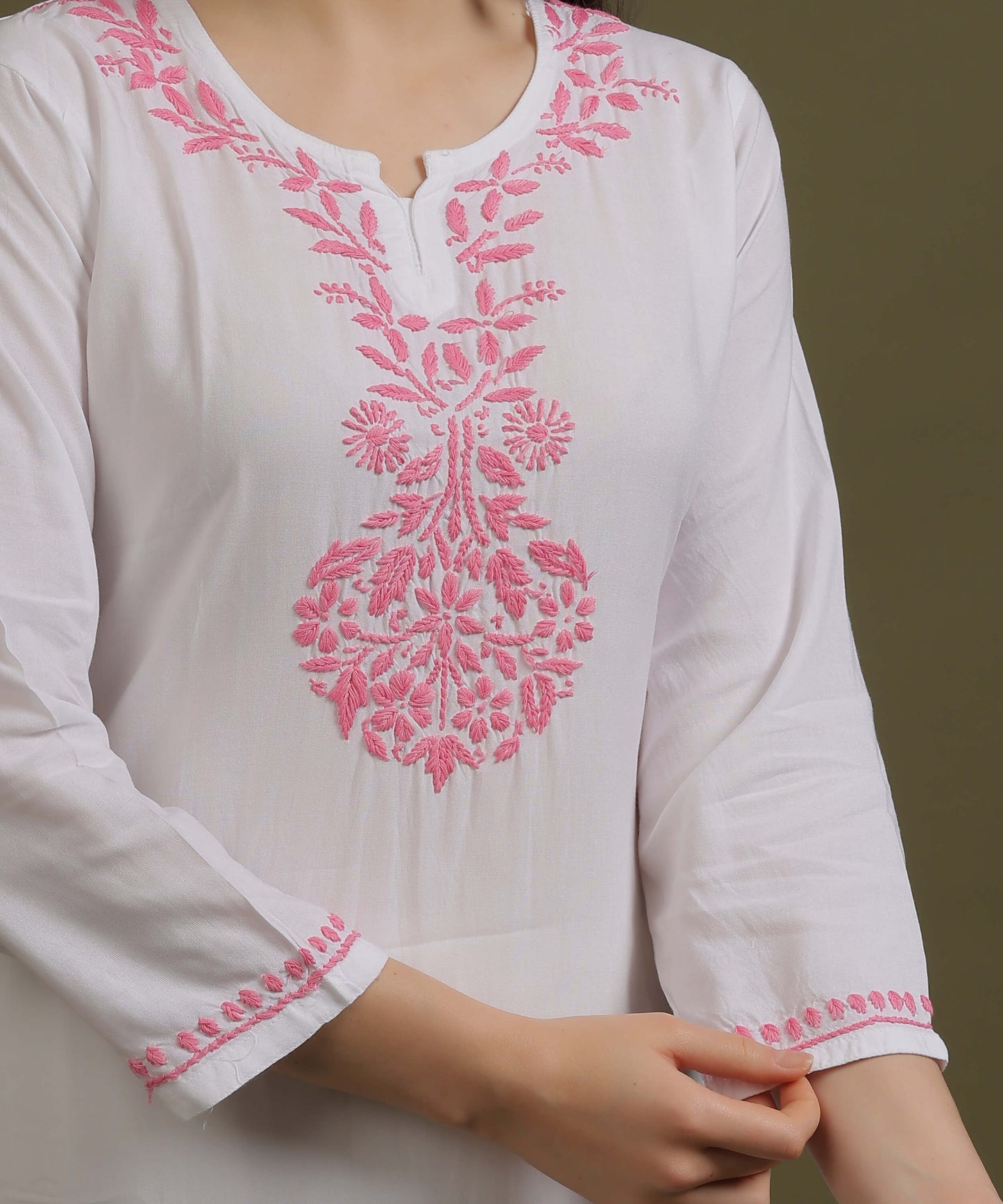 NEA Chikankari White Neckwork Rayon Palazzo Set With Pink Embroidery