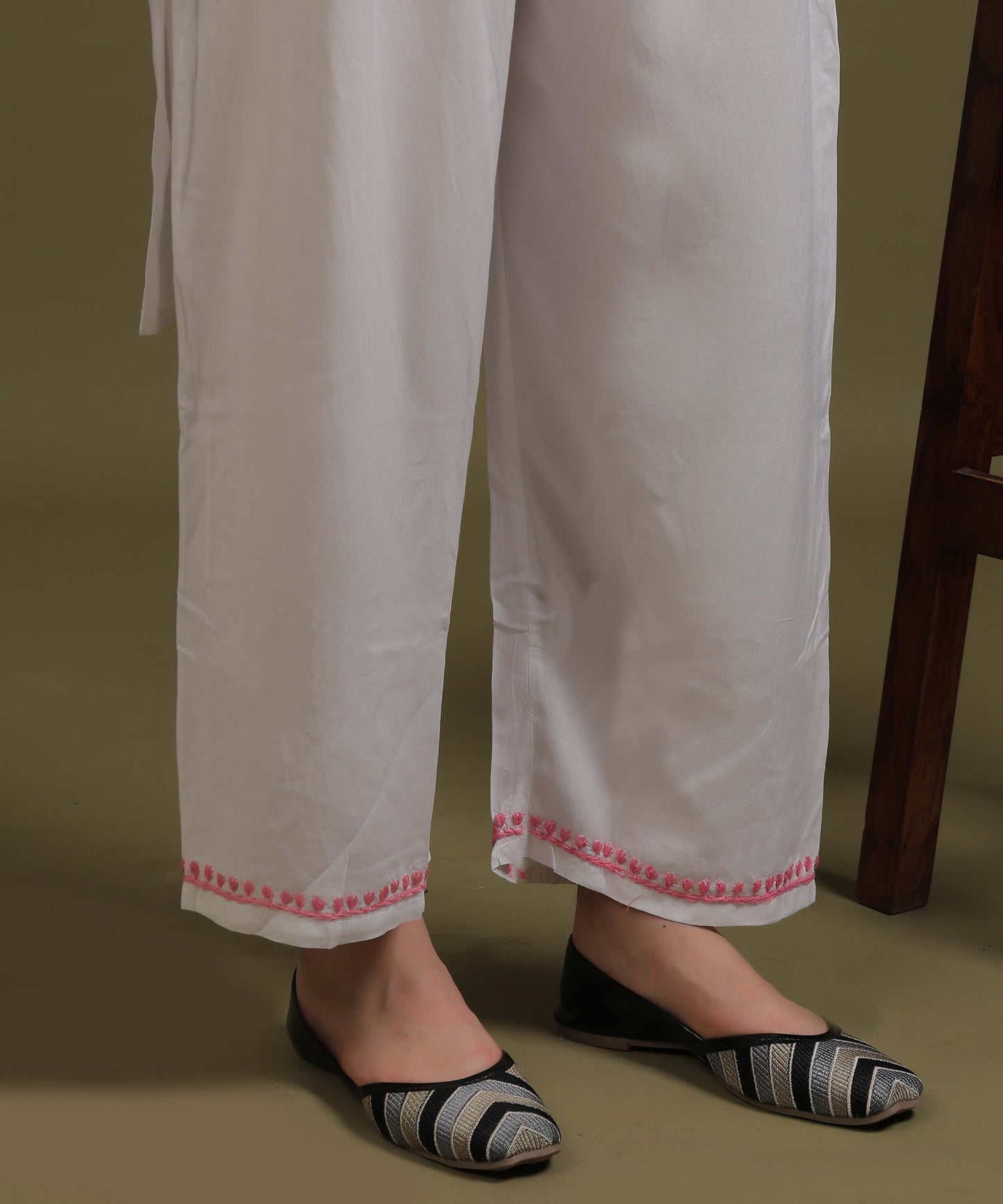 NEA Chikankari White Neckwork Rayon Palazzo Set With Pink Embroidery