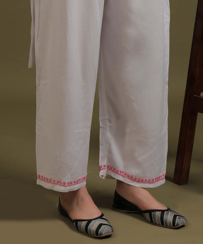 NEA Chikankari White Neckwork Rayon Palazzo Set With Pink Embroidery