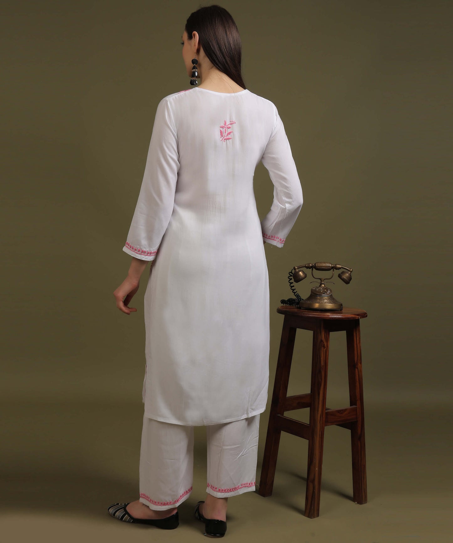 NEA Chikankari White Neckwork Rayon Palazzo Set With Pink Embroidery