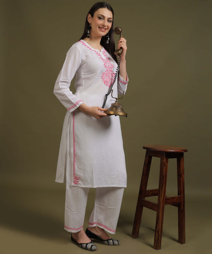 NEA Chikankari White Neckwork Rayon Palazzo Set With Pink Embroidery