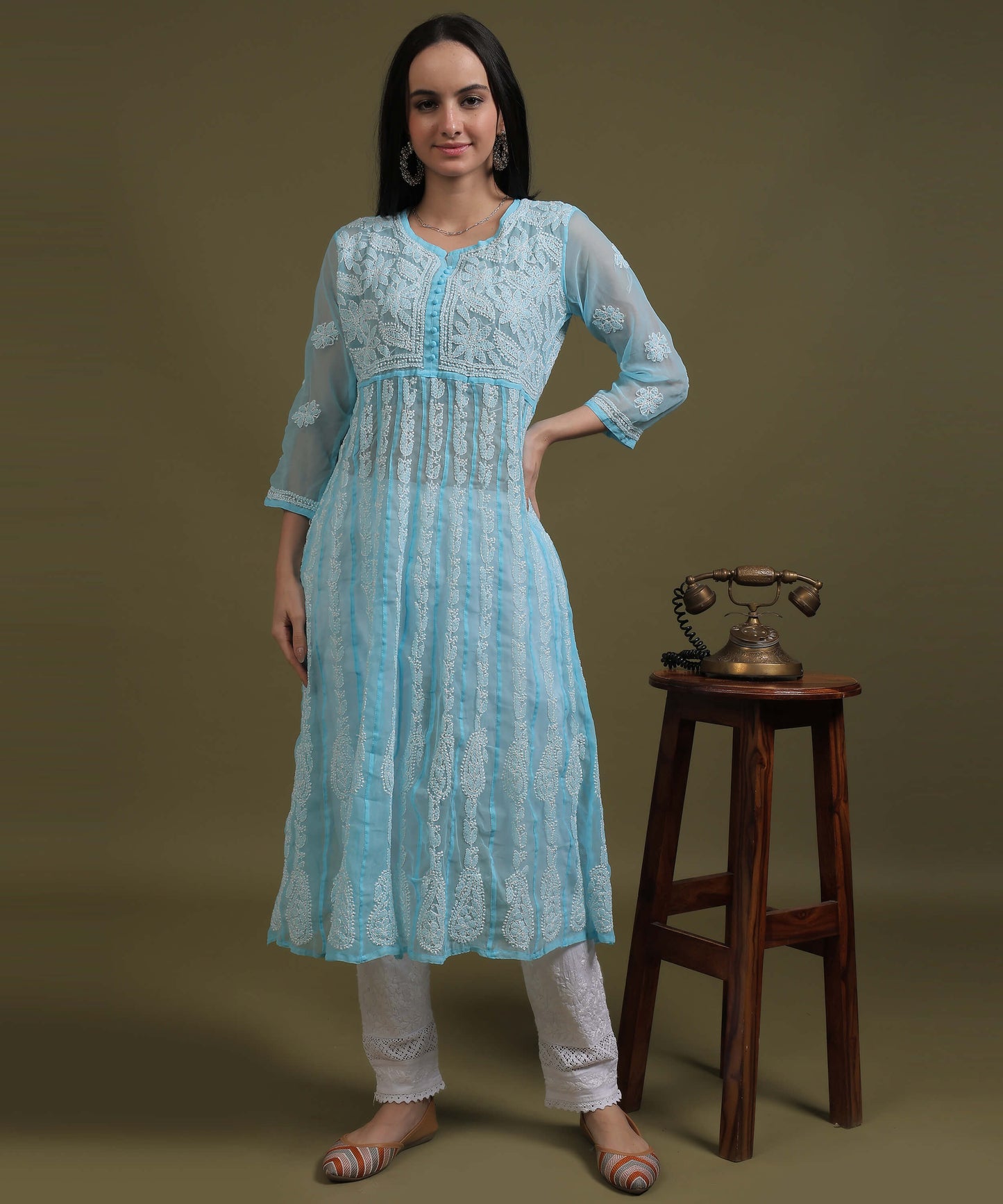 NEA Chikankari White Lycra Cigerette Pant WIth Laces