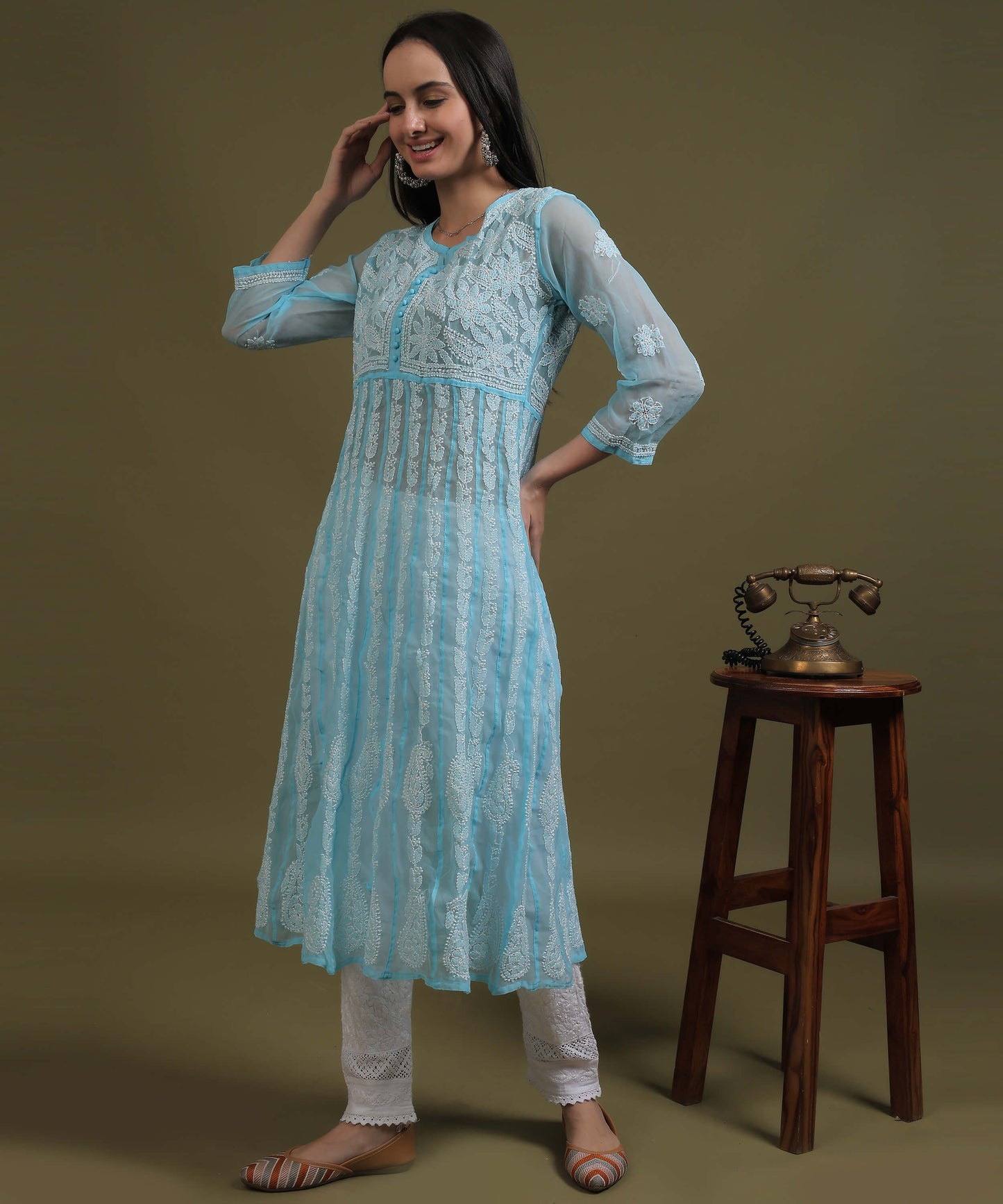 NEA Chikankari White Lycra Cigerette Pant WIth Laces