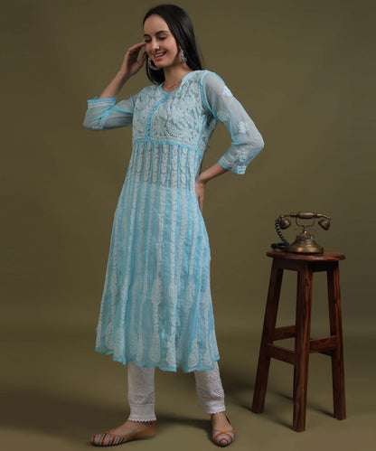 NEA Chikankari Blue Georgette A-line Anarkali Gown With White Embroidery