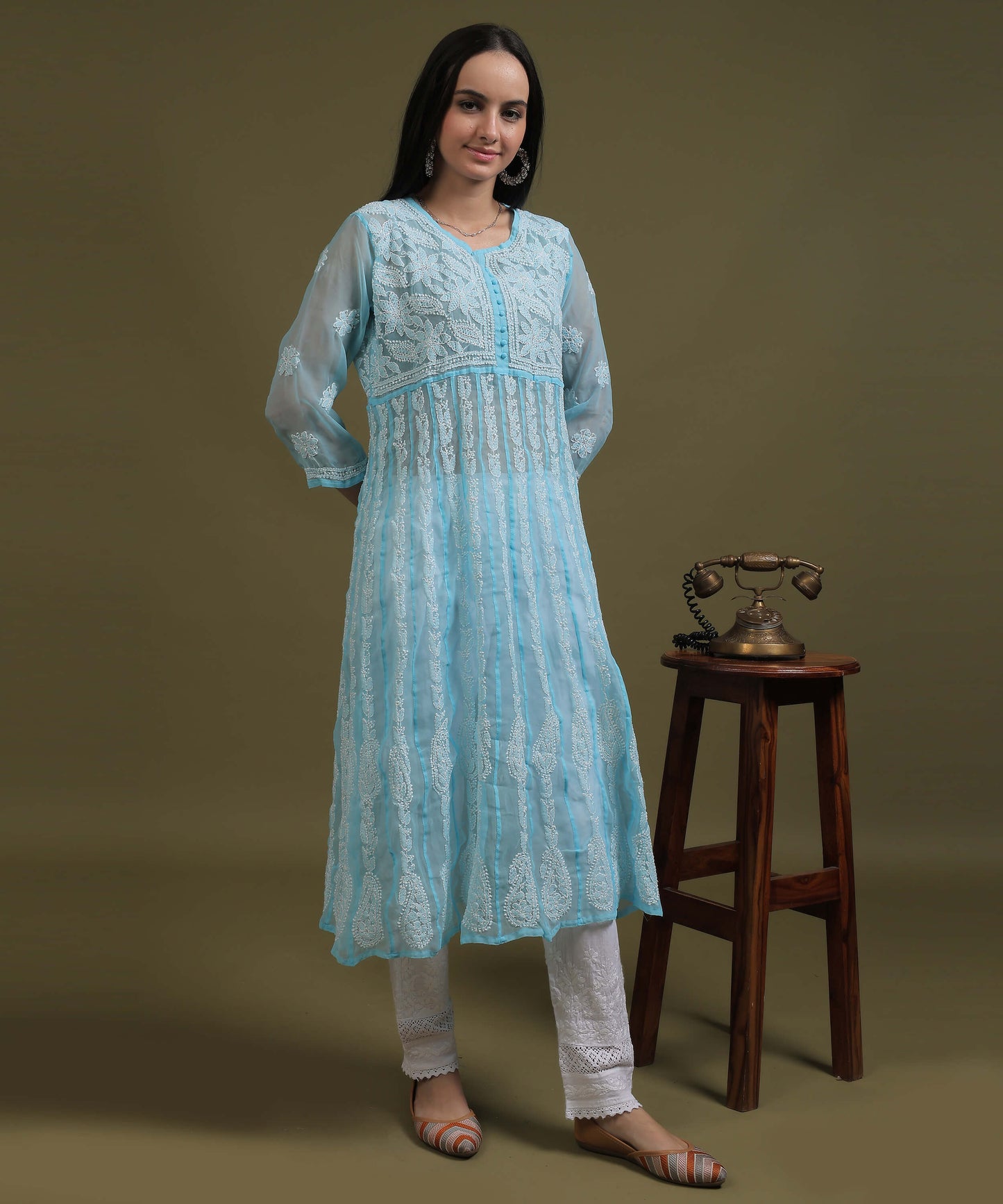NEA Chikankari Blue Georgette A-line Anarkali Gown With White Embroidery