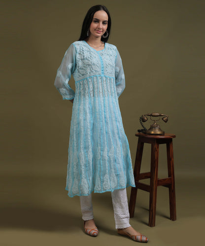 NEA Chikankari Blue Georgette A-line Anarkali Gown With White Embroidery