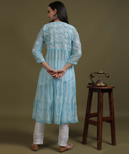 NEA Chikankari Blue Georgette A-line Anarkali Gown With White Embroidery