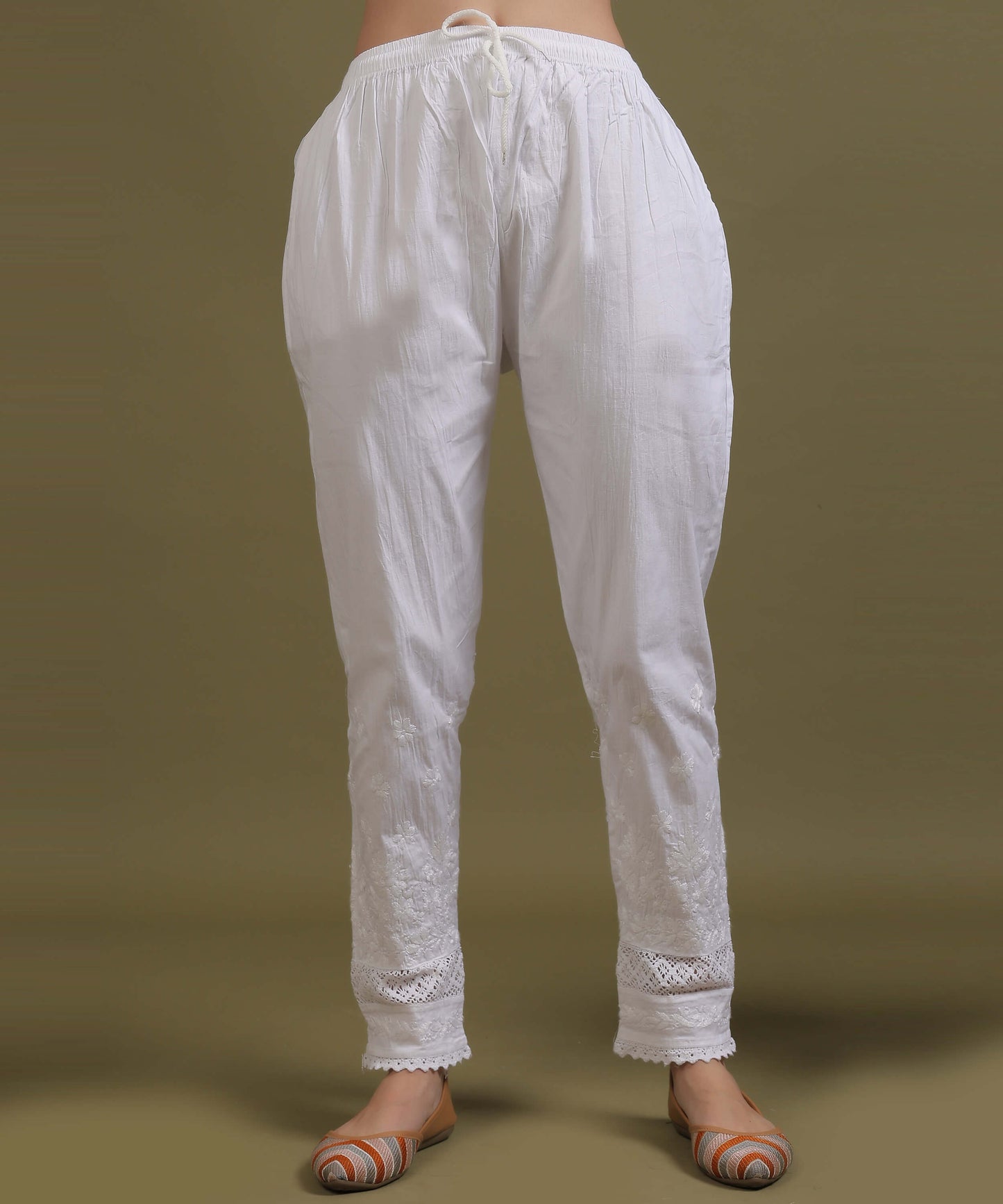 NEA Chikankari White Lycra Side Laces Cigerette Pant