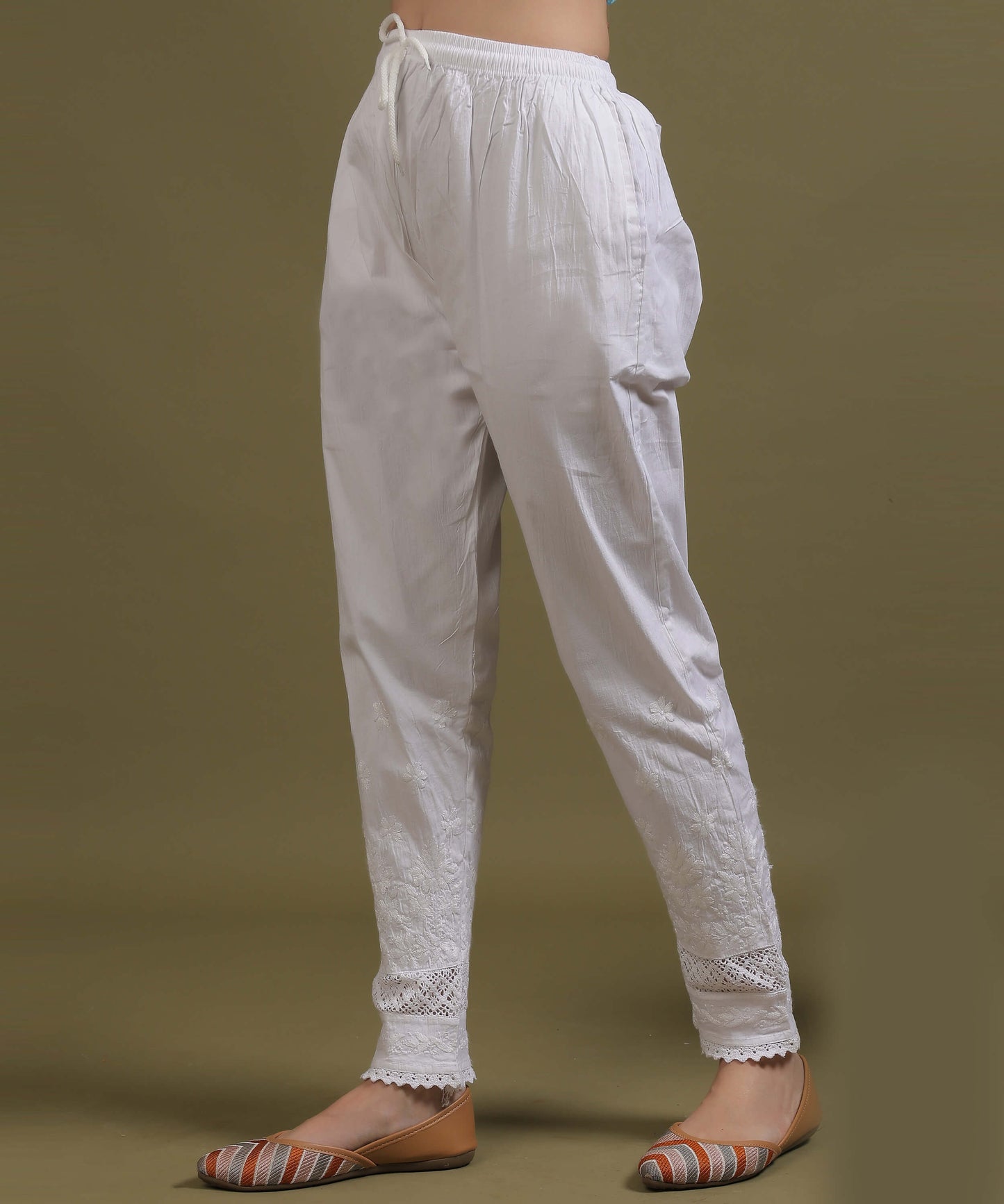 NEA Chikankari White Lycra Side Laces Cigerette Pant