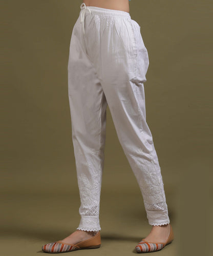 NEA Chikankari White Lycra Side Laces Cigerette Pant