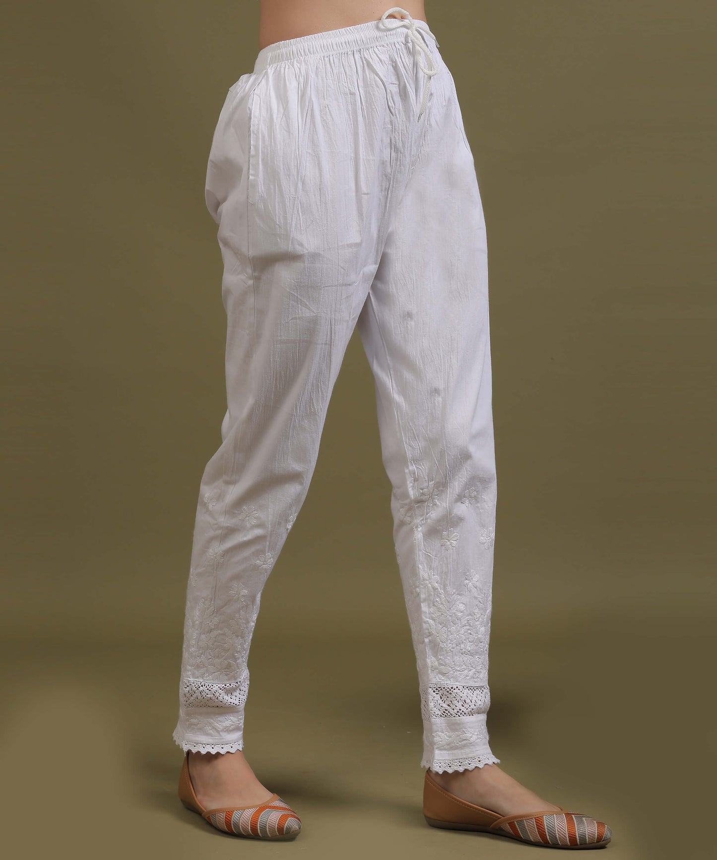 NEA Chikankari White Lycra Side Laces Cigerette Pant