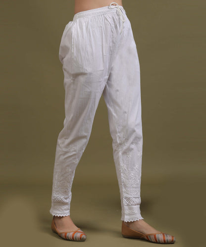 NEA Chikankari White Lycra Side Laces Cigerette Pant