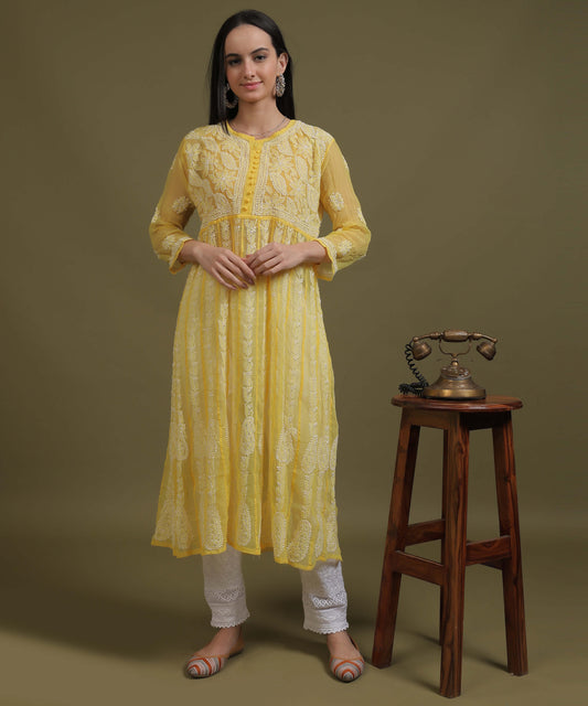 NEA Chikankari Yellow Georgette A-line Anarkali Gown With White Embroidery