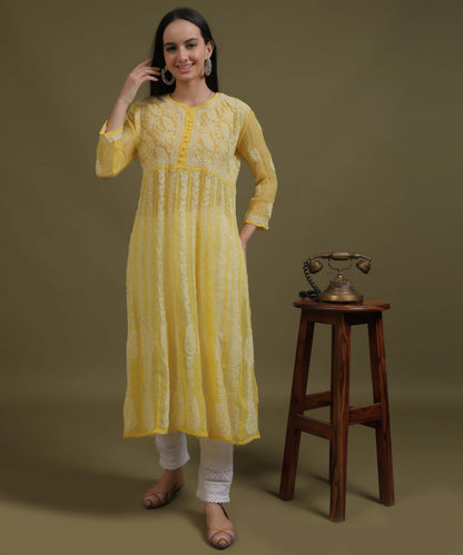NEA Chikankari Yellow Georgette A-line Anarkali Gown With White Embroidery