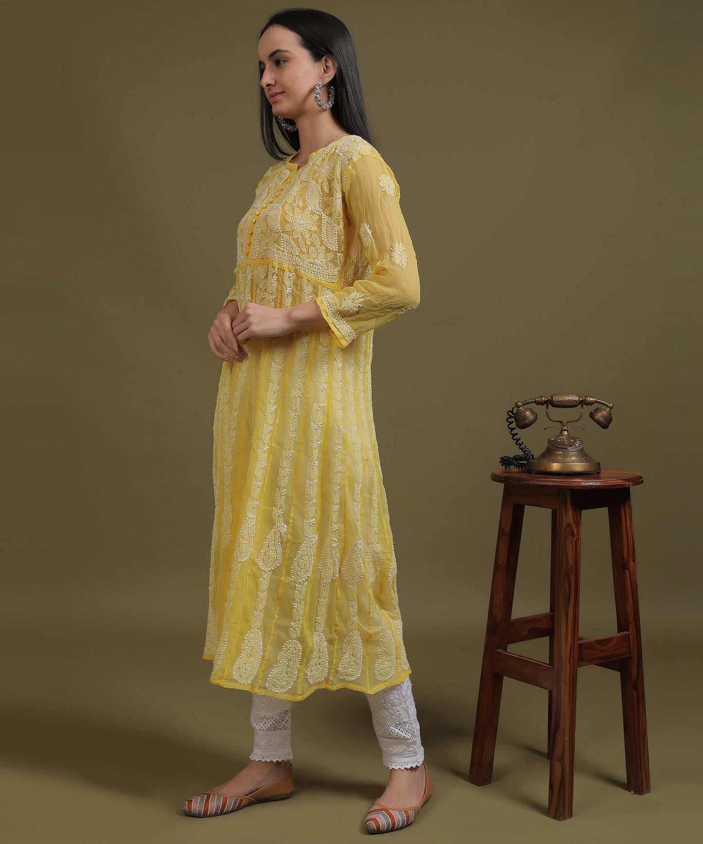 NEA Chikankari Yellow Georgette A-line Anarkali Gown With White Embroidery