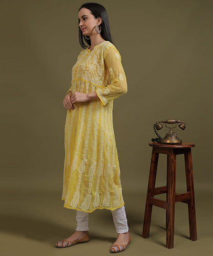 NEA Chikankari Yellow Georgette A-line Anarkali Gown With White Embroidery