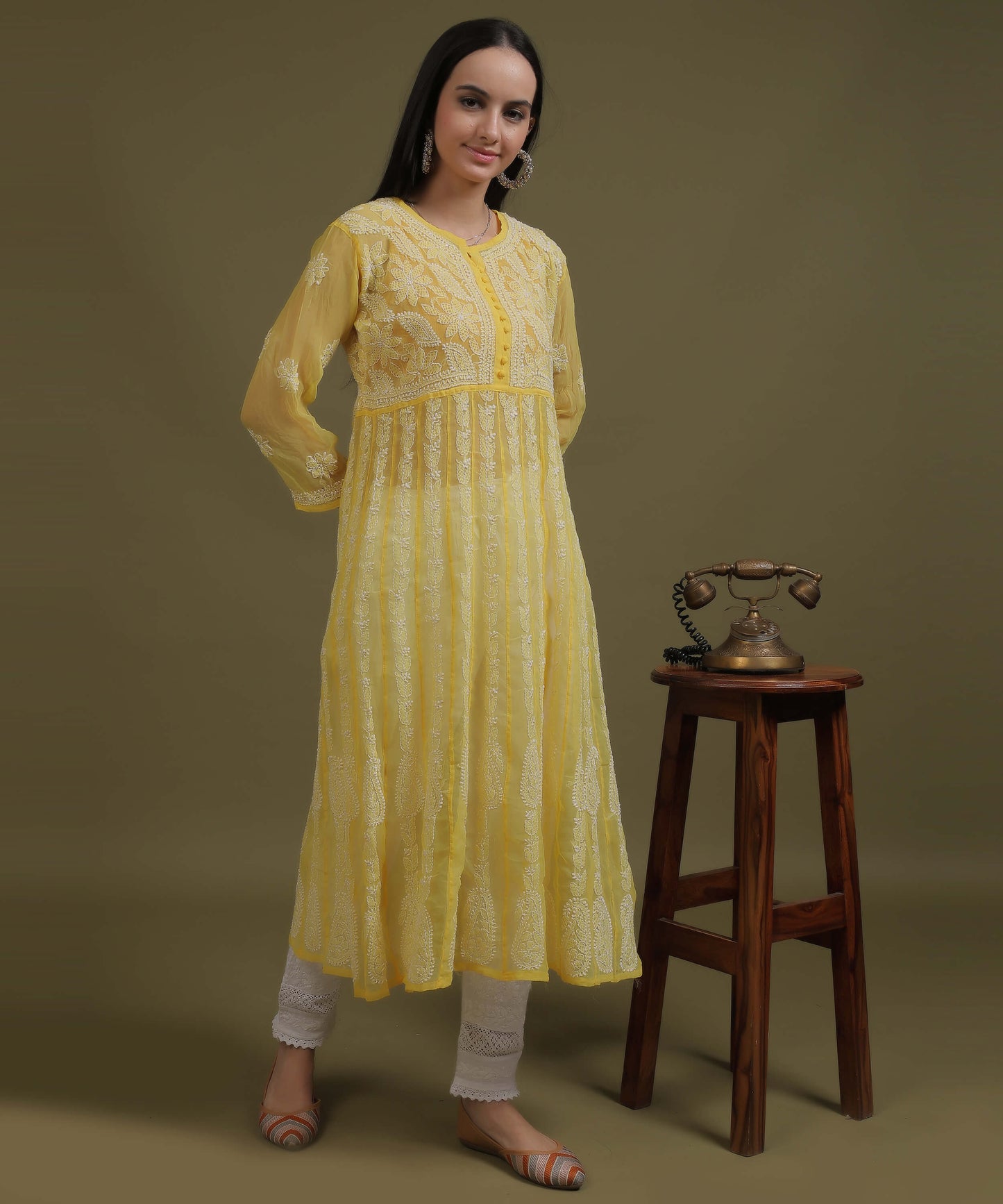 NEA Chikankari Yellow Georgette A-line Anarkali Gown With White Embroidery