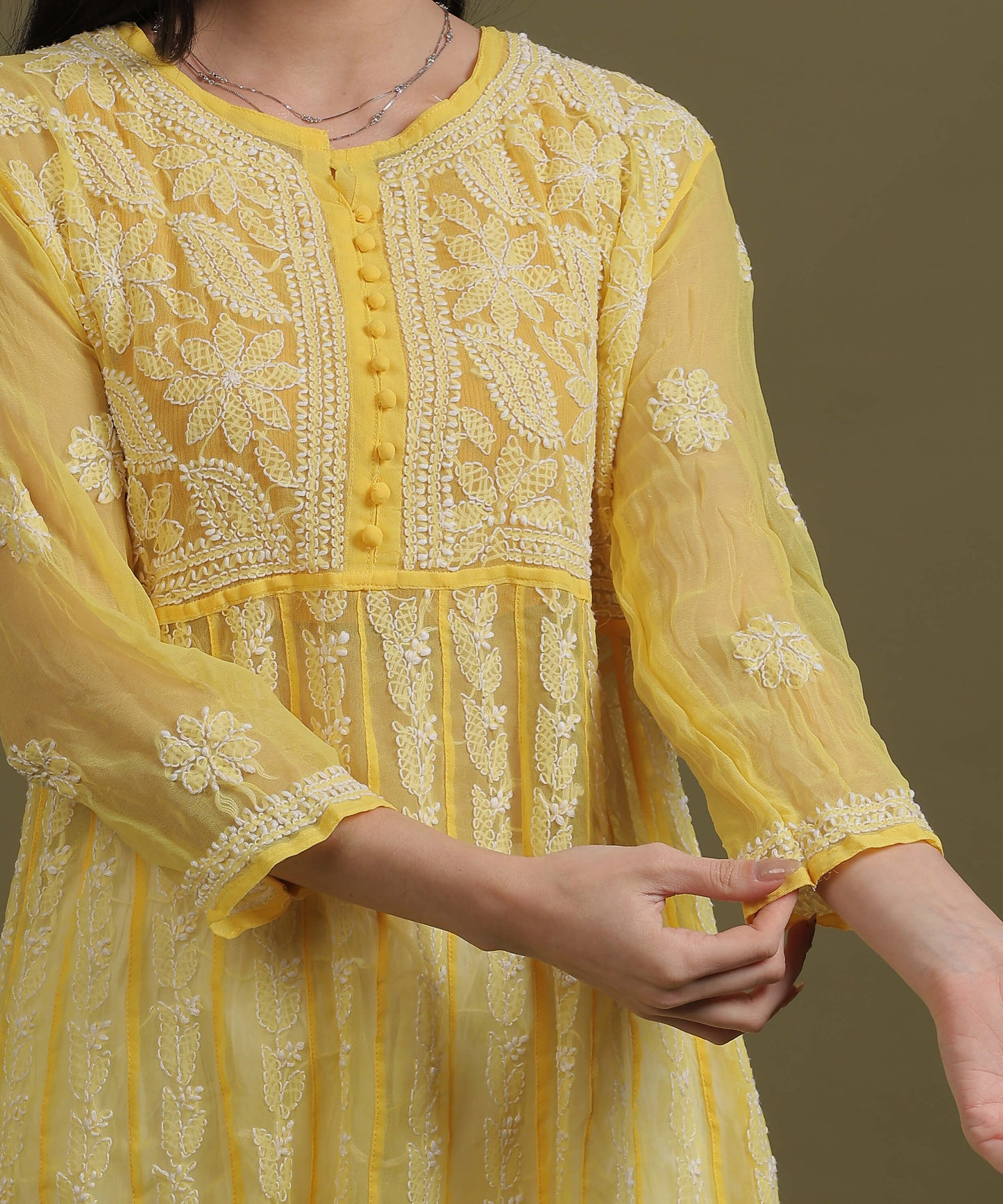 NEA Chikankari Yellow Georgette A-line Anarkali Gown With White Embroidery