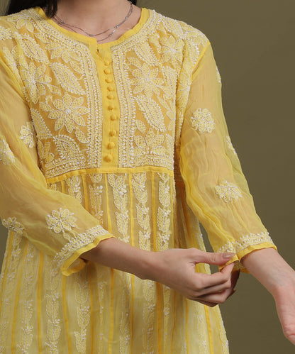 NEA Chikankari Yellow Georgette A-line Anarkali Gown With White Embroidery