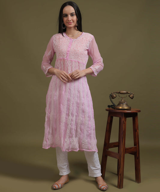 NEA Chikankari Pink Georgette A-line Anarkali Gown With White Embroidery