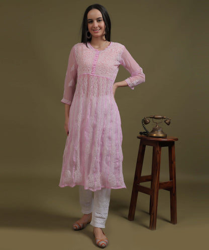 NEA Chikankari Pink Georgette A-line Anarkali Gown With White Embroidery