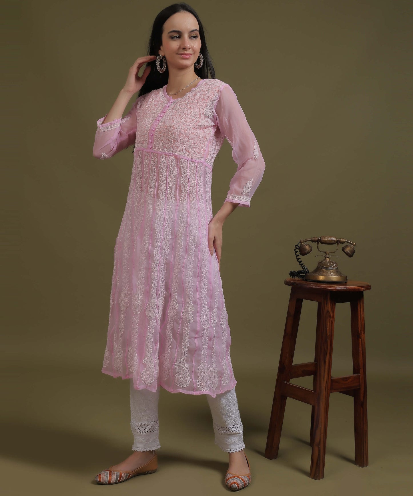 NEA Chikankari Pink Georgette A-line Anarkali Gown With White Embroidery