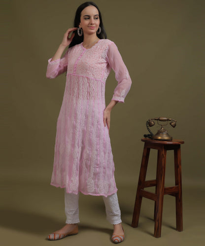 NEA Chikankari Pink Georgette A-line Anarkali Gown With White Embroidery
