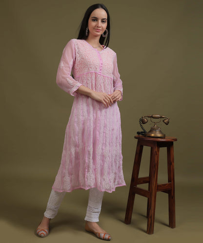 NEA Chikankari Pink Georgette A-line Anarkali Gown With White Embroidery