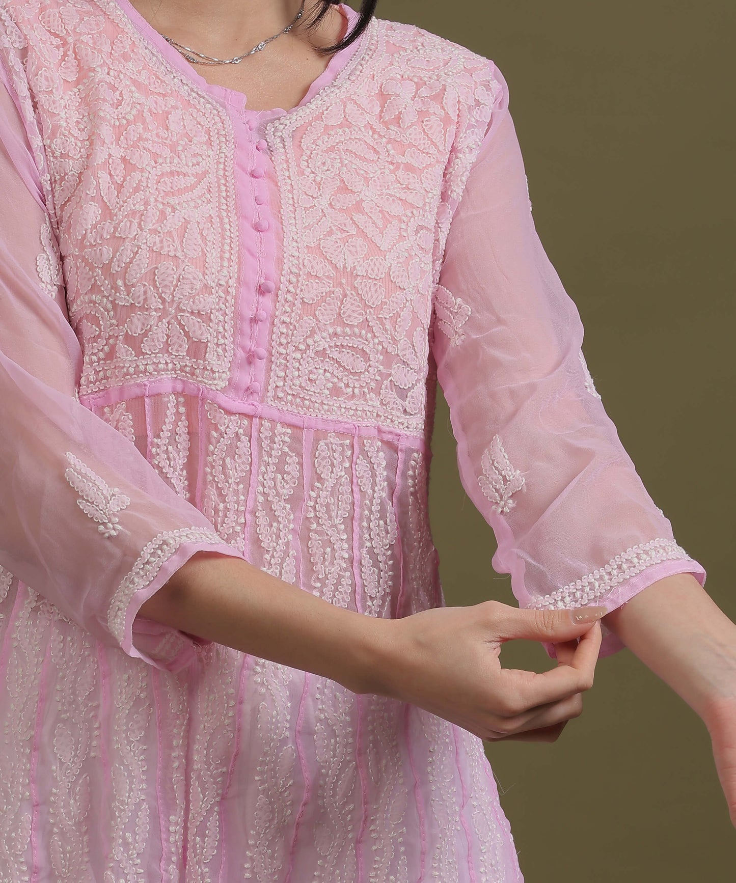 NEA Chikankari Pink Georgette A-line Anarkali Gown With White Embroidery