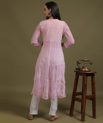 NEA Chikankari Pink Georgette A-line Anarkali Gown With White Embroidery