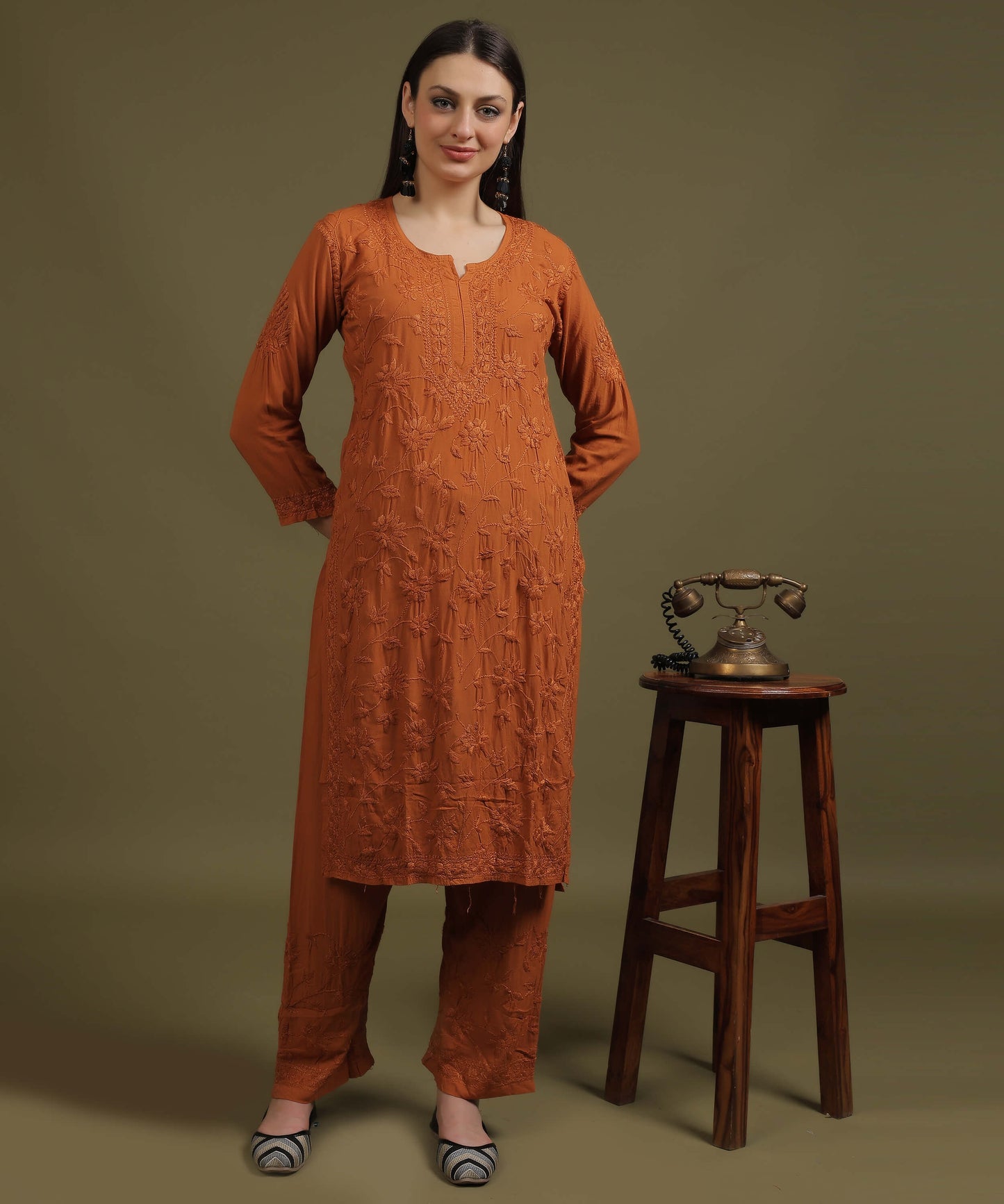 RUMI Rust Rayon Full Jaal Work Palazzo Set