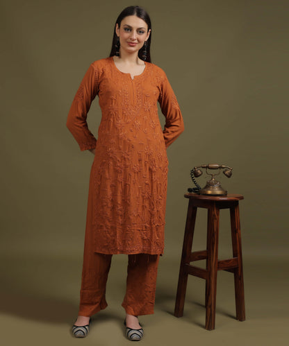 RUMI Rust Rayon Full Jaal Work Palazzo Set